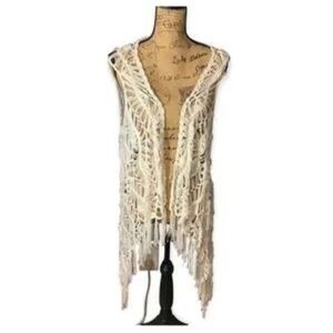 Boston Proper White Crochet Fringe Vest